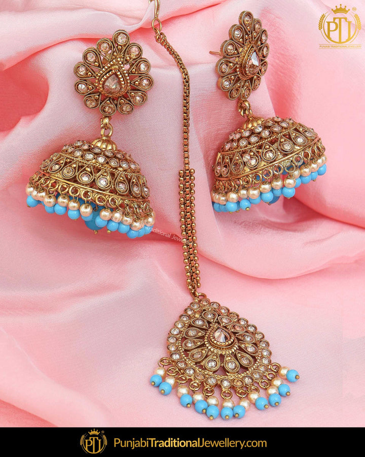 Antique Gold Finished Firozi Champagne Stone Jhumki Earrings & Tikka | Punjabi Traditional Jewellery Exclusive