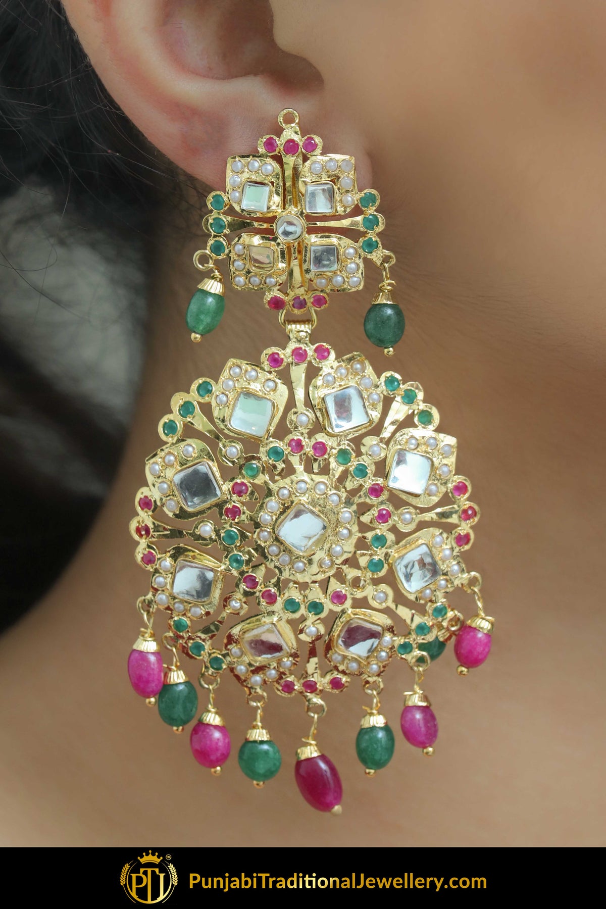 Farzeen Gold Finished Jadau Earrings With Tikka | Punjabi Traditional Jewellery Exclusive