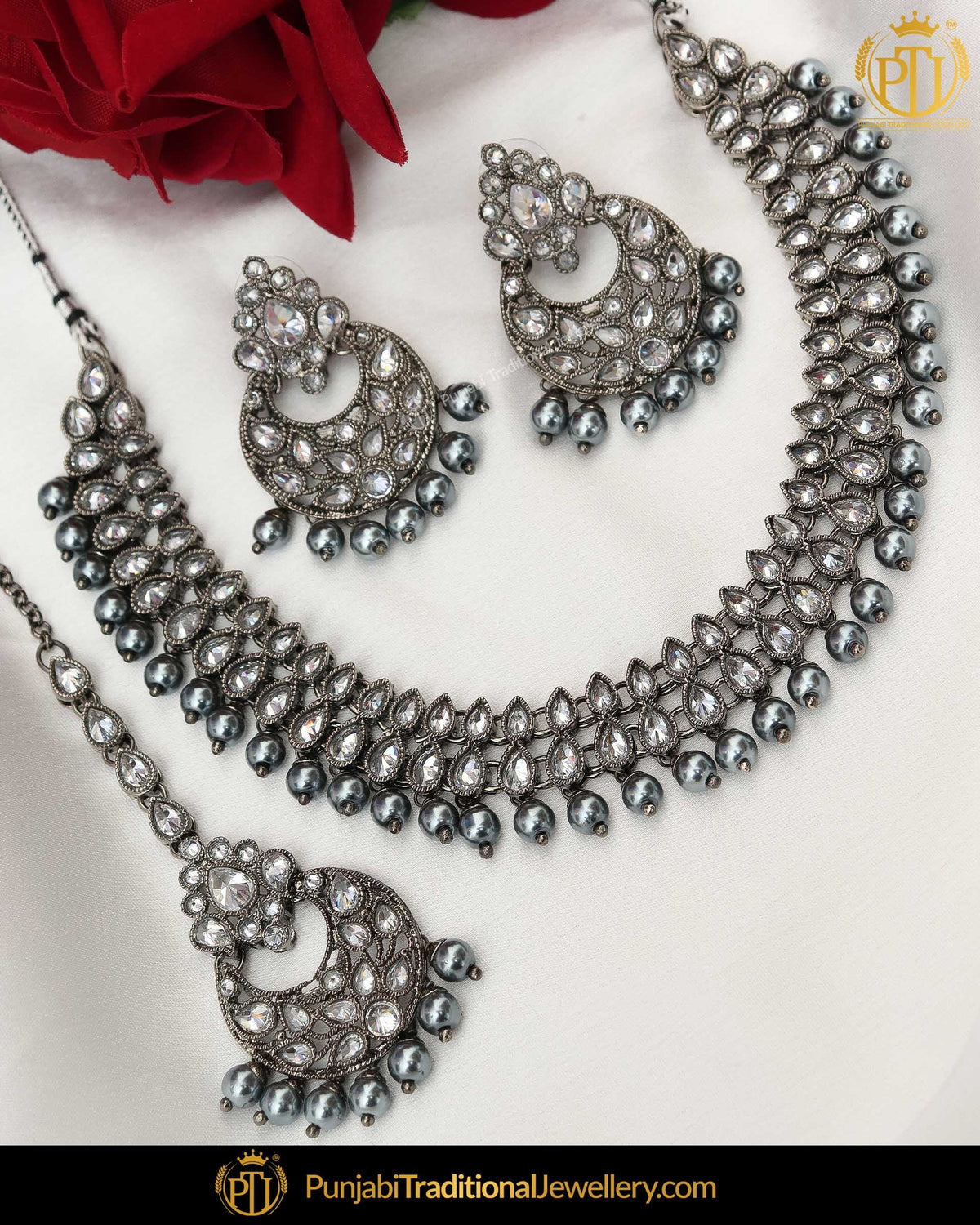 Gold Finished Champagne Stone Pearl Necklace Set | Punjabi Traditional Jewellery Exclusive