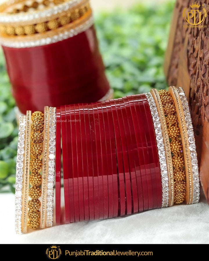 Antique Gold Finished Karra Bangle AD Stone Maroon Bridal Chura | Punjabi Traditional Jewellery Exclusive