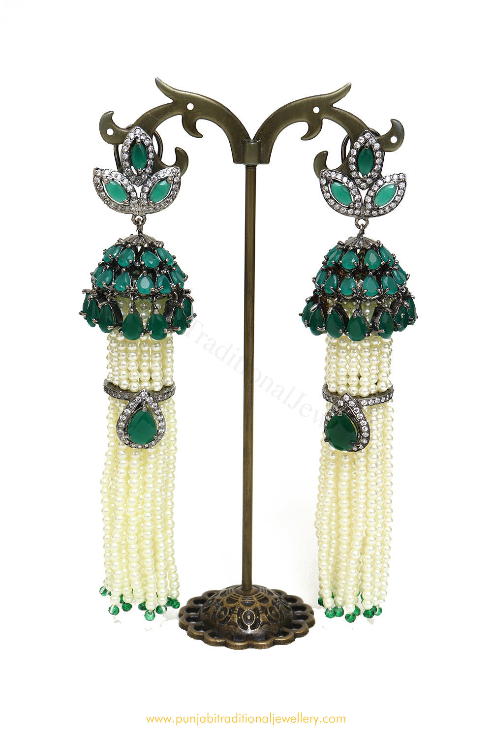 Oxidised Silver Emerald Jhumki Earrings by PTJ
