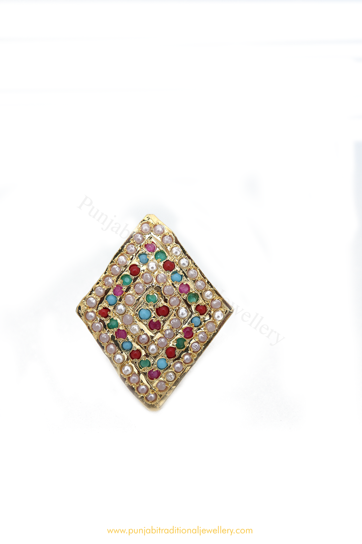 Gold Finished Navratan Jadau Ring By PTJ