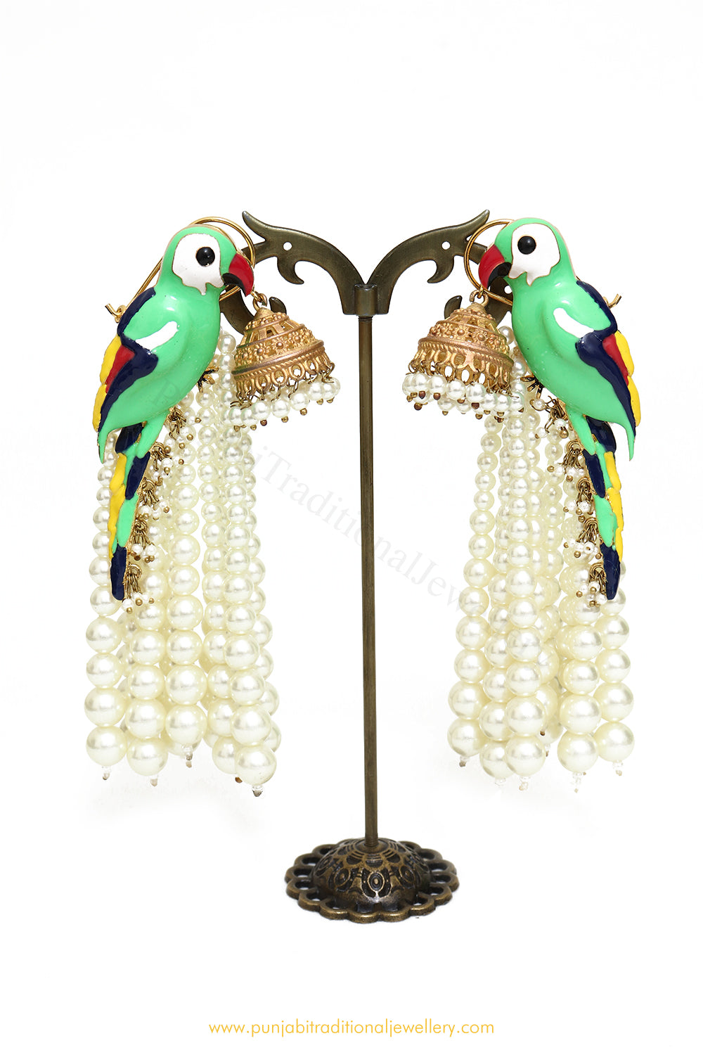 Gold Finished Hand Painted Parrot Earrings by PTJ