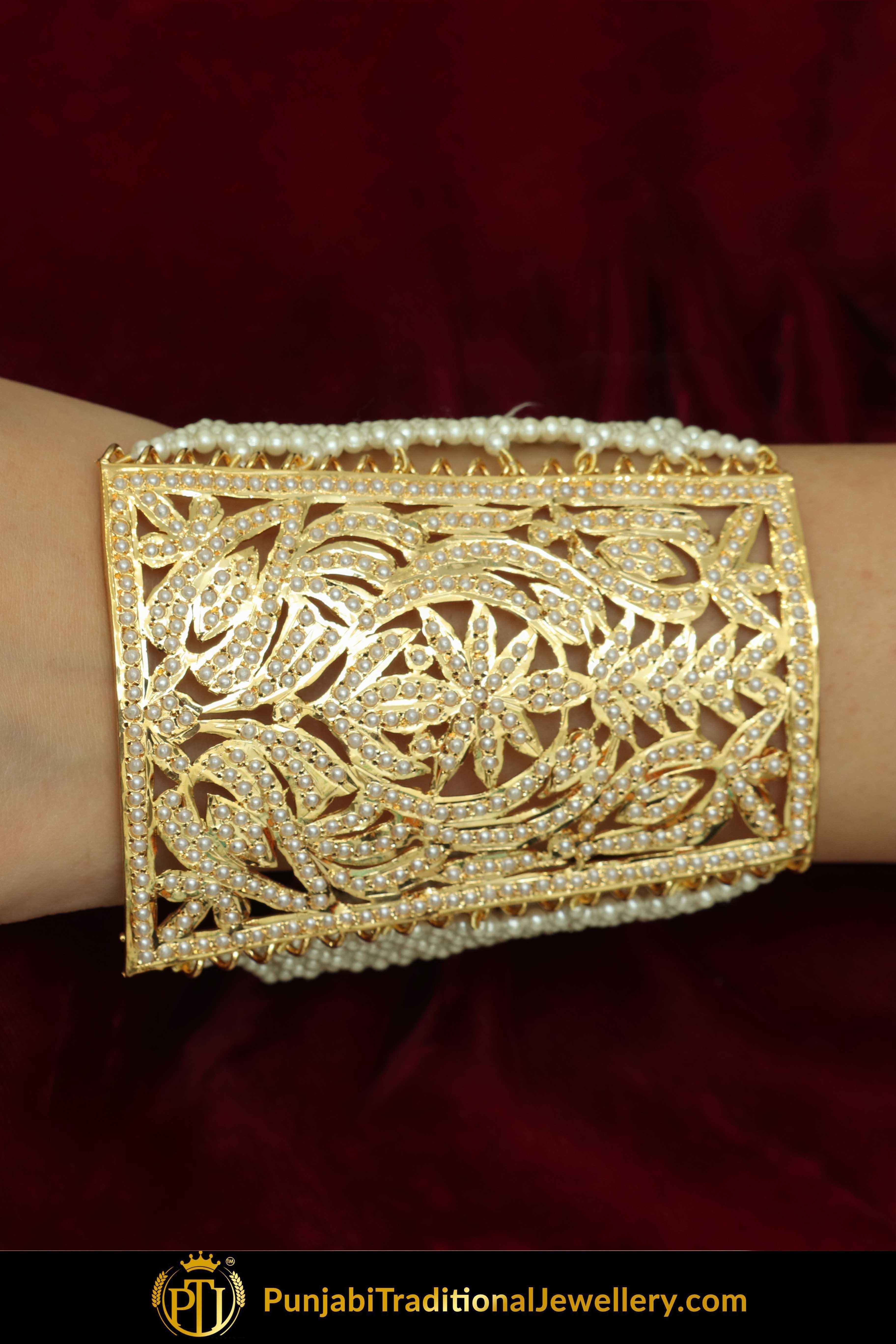Leilah Gold Finished Pearl Jadau Bracelet | Punjabi Traditional Jewellery Exclusive