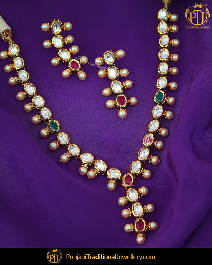 Gold Finished Rubby Emerald Kundan Pearl Necklace Set | Punjabi Traditional Jewellery Exclusive
