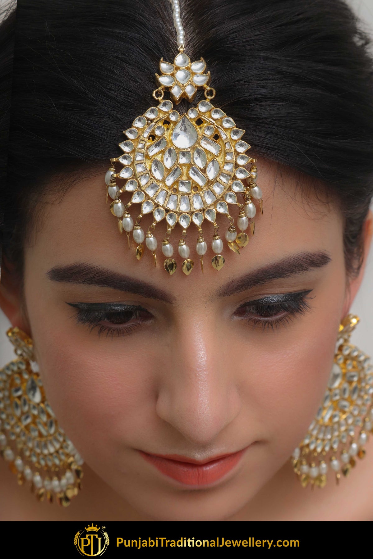 Anika Golden Kundan Pippal Patti Earring Tikka Set | Punjabi Traditional Jewellery Exclusive