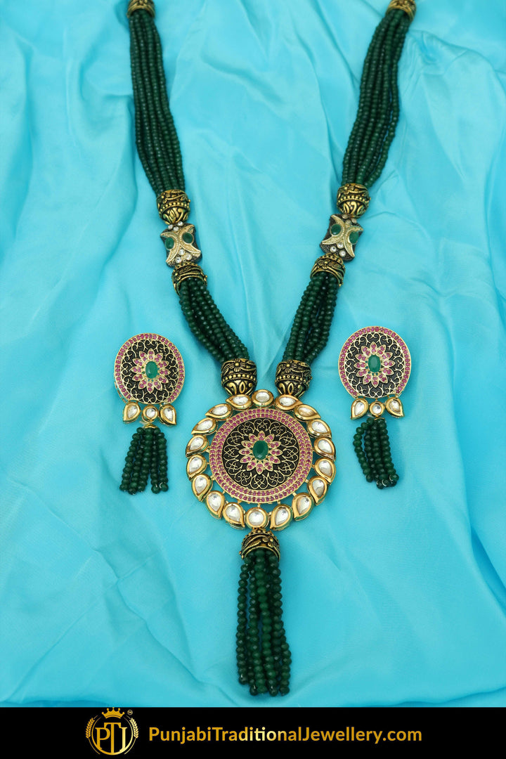 Kali Emerald Mala Necklace & Earrings | Punjabi Traditional Jewellery Exclusive