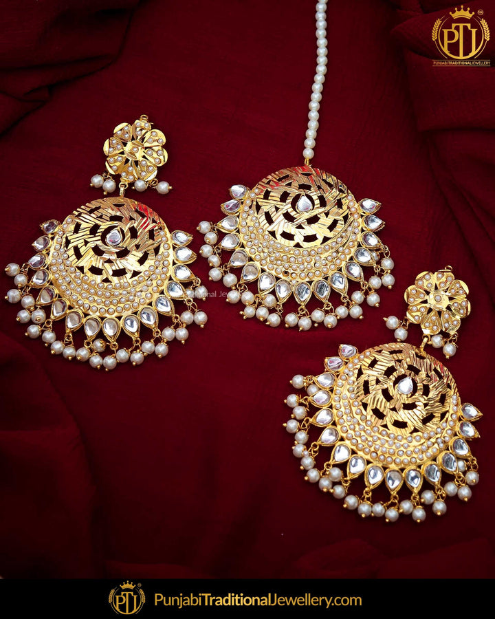 Gold Finished Jadau Kundan Pearl Earring Tikka Set | Punjabi Traditional Jewellery Exclusive