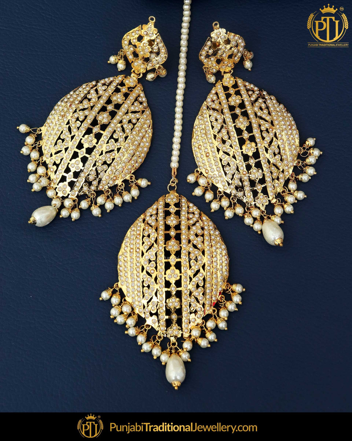 Gold Finished Pearl Jadau Earring Tikka Set | Punjabi Traditional Jewellery Exclusive