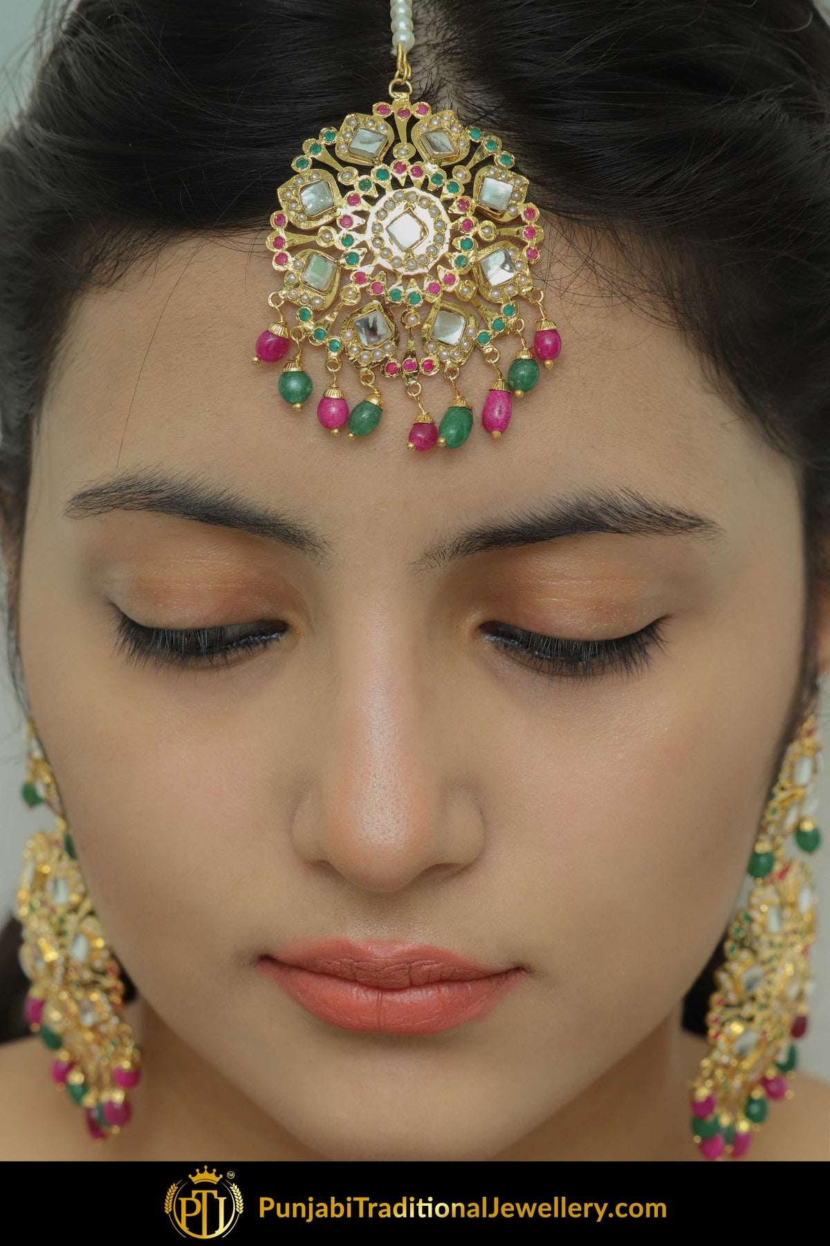 Farzeen Gold Finished Jadau Earrings With Tikka | Punjabi Traditional Jewellery Exclusive