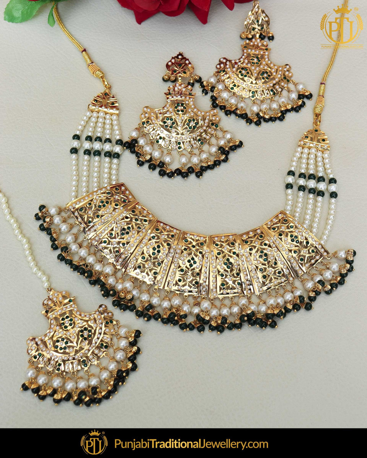 Gold Finished Emerald Jadau Pearl Necklace Set  | Punjabi Traditional Jewellery Exclusive