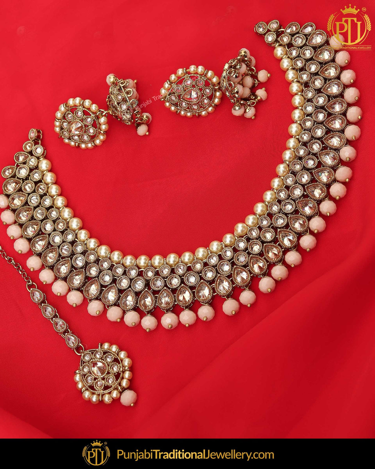 Gold Finished Champagne Stone Pink Pearl Necklace Set | Punjabi Traditional Jewellery Exclusive