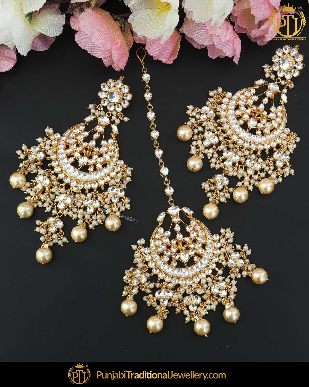 Gold Finished Pearl Kundan Earring Tikka Set | Punjabi Traditional Jewellery Exclusive