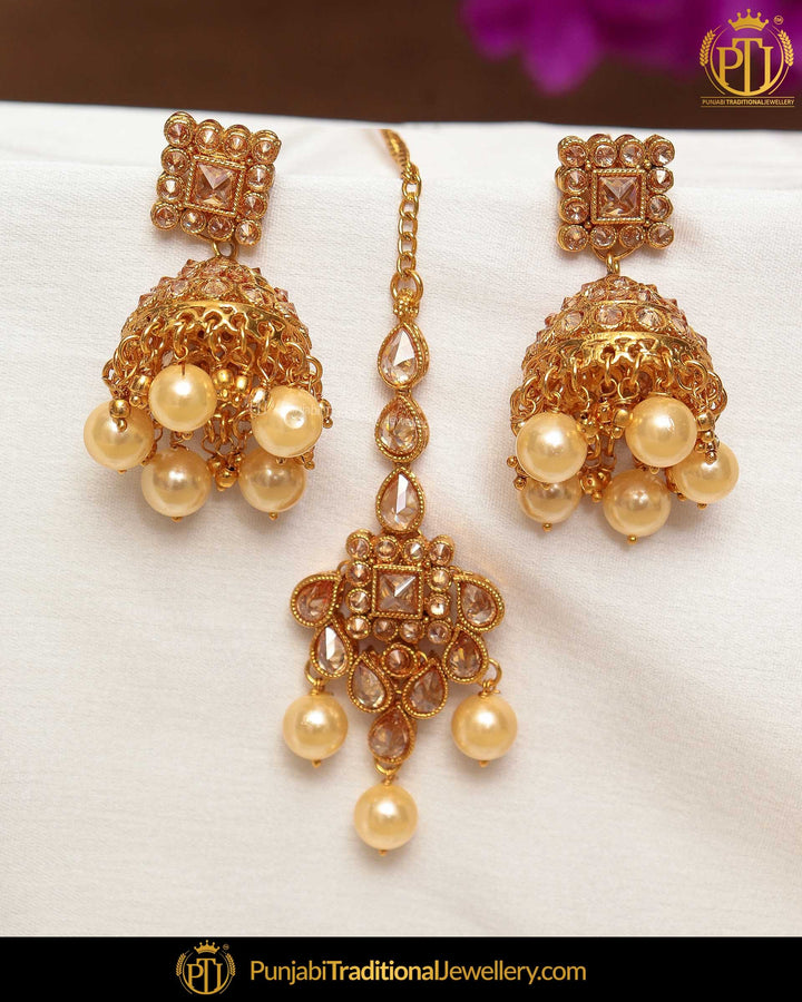 Gold Finished Chamapgne Stone Pearl Jhumki Earring Tikka Set | Punjabi Traditional Jewellery Exclusive