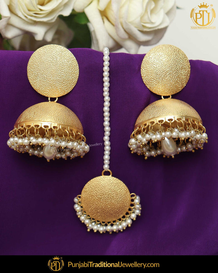 Gold Finished Patra Jhumki Earrings & Tikka Set | Punjabi Traditional Jewellery Exclusive