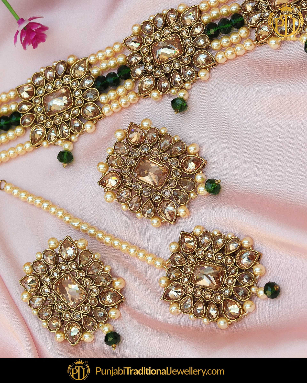 Gold Finished Green Polki Stone Choker Necklace Set | Punjabi Traditional Jewellery Exclusive