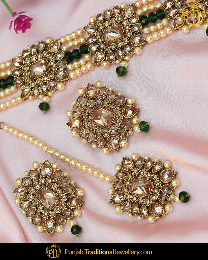Gold Finished Green Polki Stone Choker Necklace Set | Punjabi Traditional Jewellery Exclusive