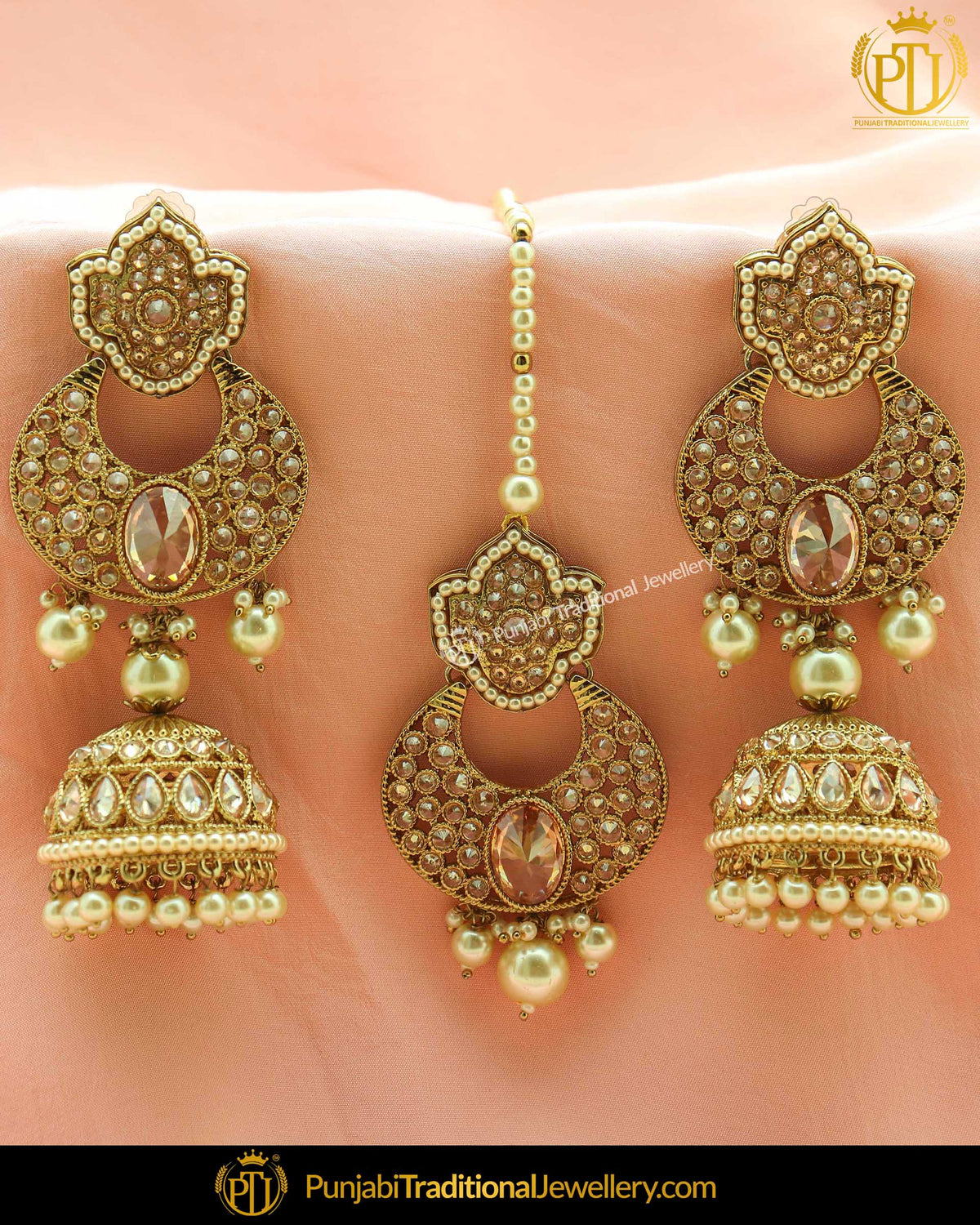 Antique Gold Finised Champagne Stone Earring Tikka Set | Punjabi Traditional Jewellery Exclusive