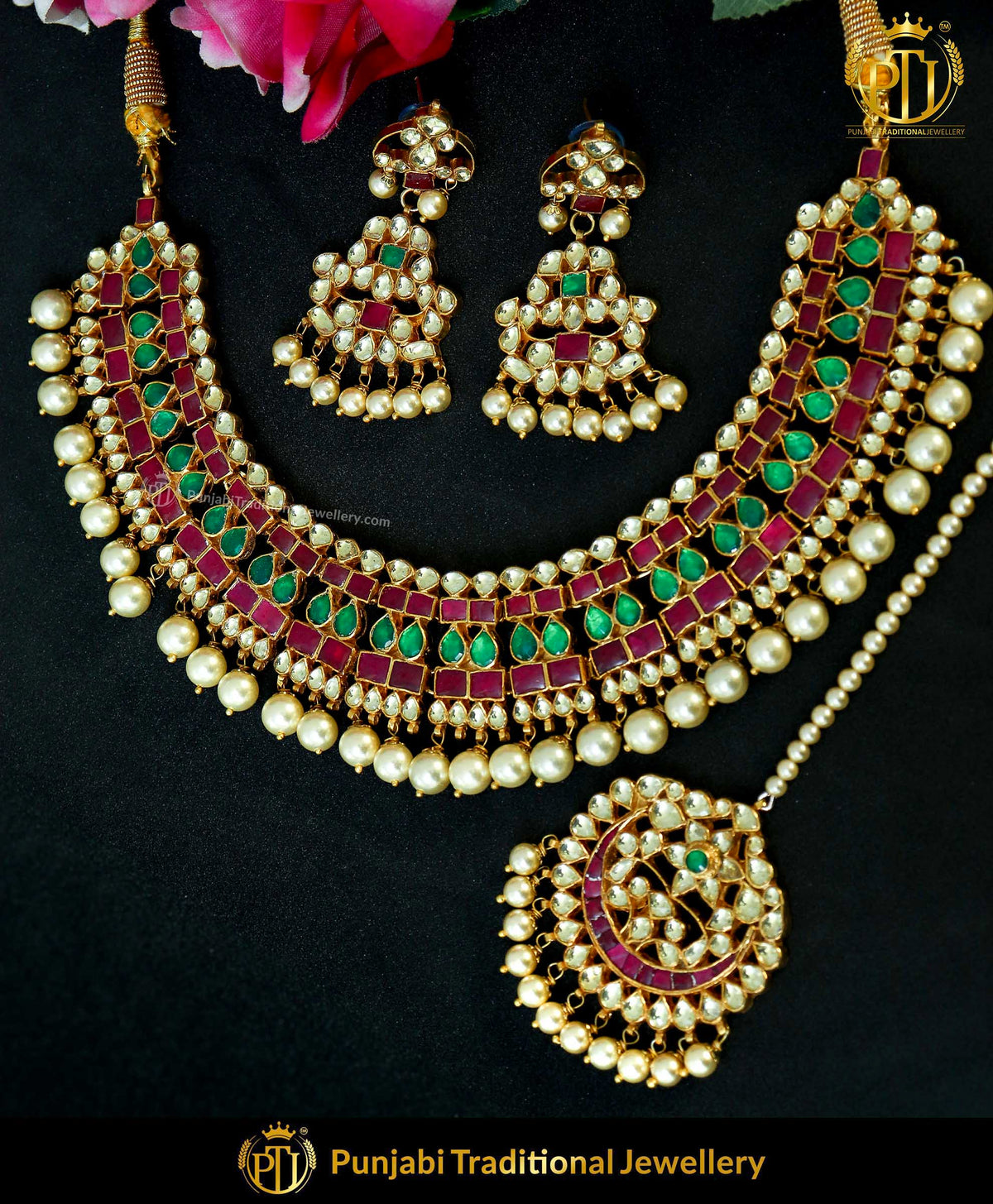 Kundan Rubby Emerald Pearl Bridal Necklace Set | Punjabi Traditional Jewellery Exclusive