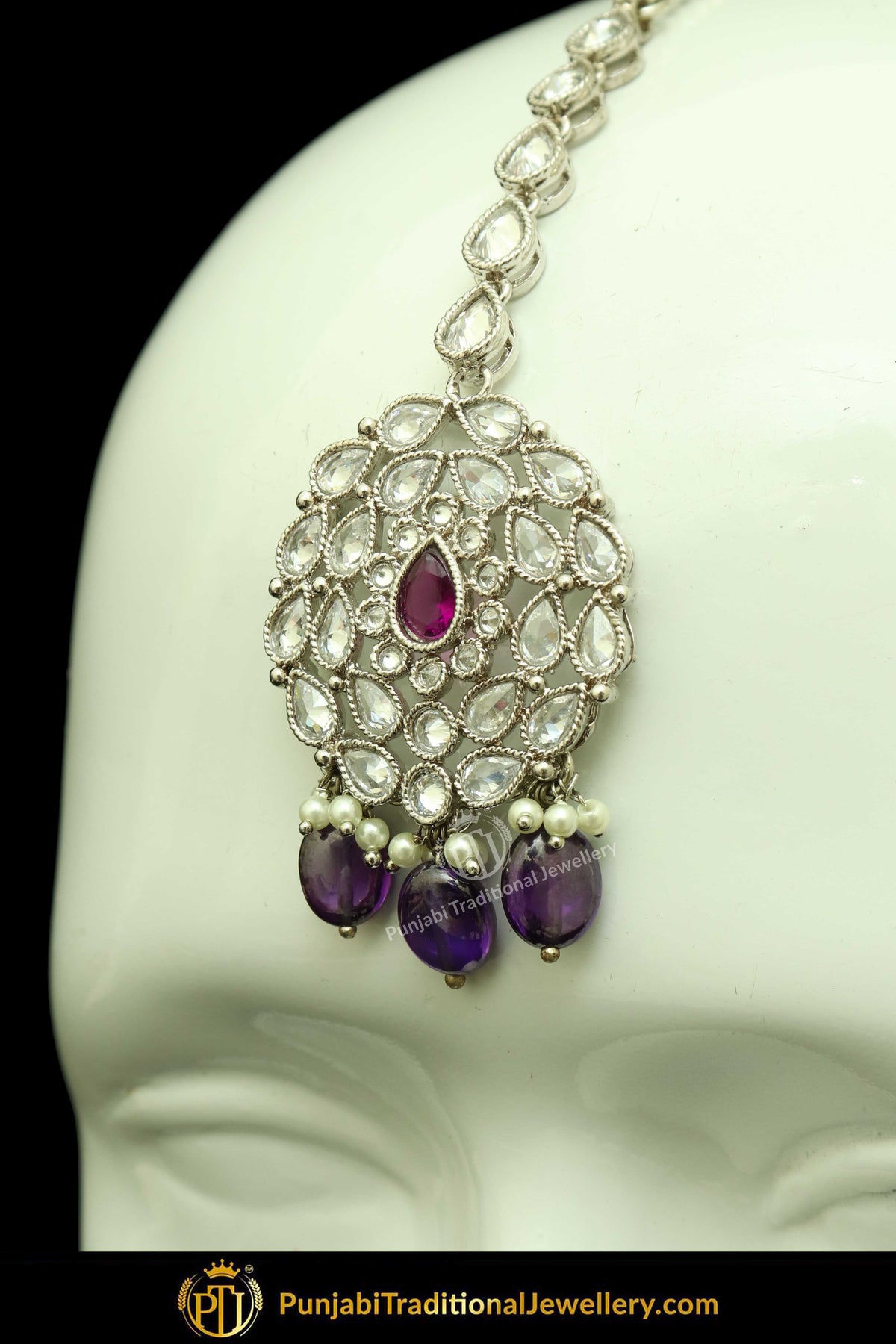 Silver Finished Polki Stone Blue Drops Oversized Stud Earrings & Tikka Set By Punjabi Traditional Jewellery