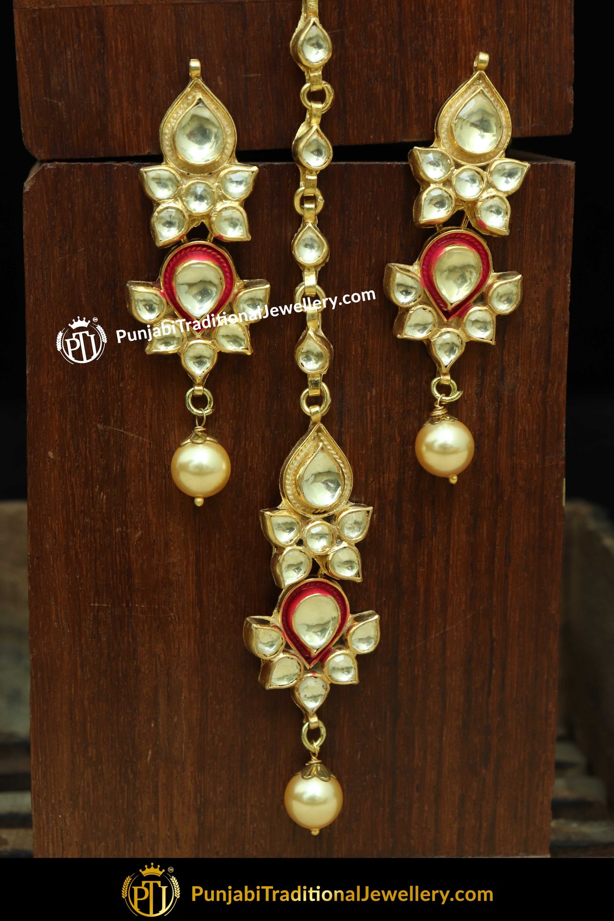 Gold Finished Pearl Kundan Earring Tikka Set | Punjabi Traditional Jewellery Exclusive