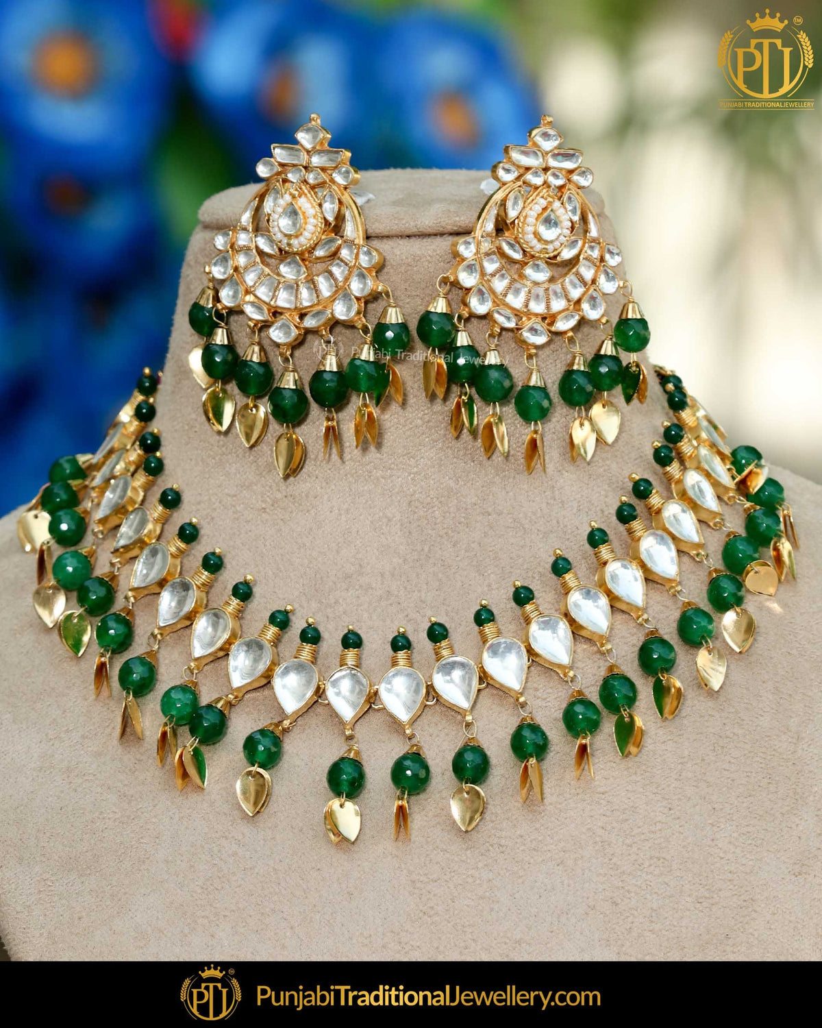 Gold Finished Pippal Patti Emerald Pearl Kundan Necklace Set | Punjabi Traditional Jewellery Exclusive