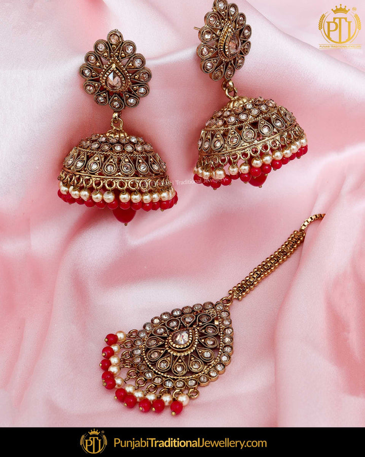 Antique Gold Finished Red Champagne Stone Jhumki Earrings & Tikka | Punjabi Traditional Jewellery Exclusive