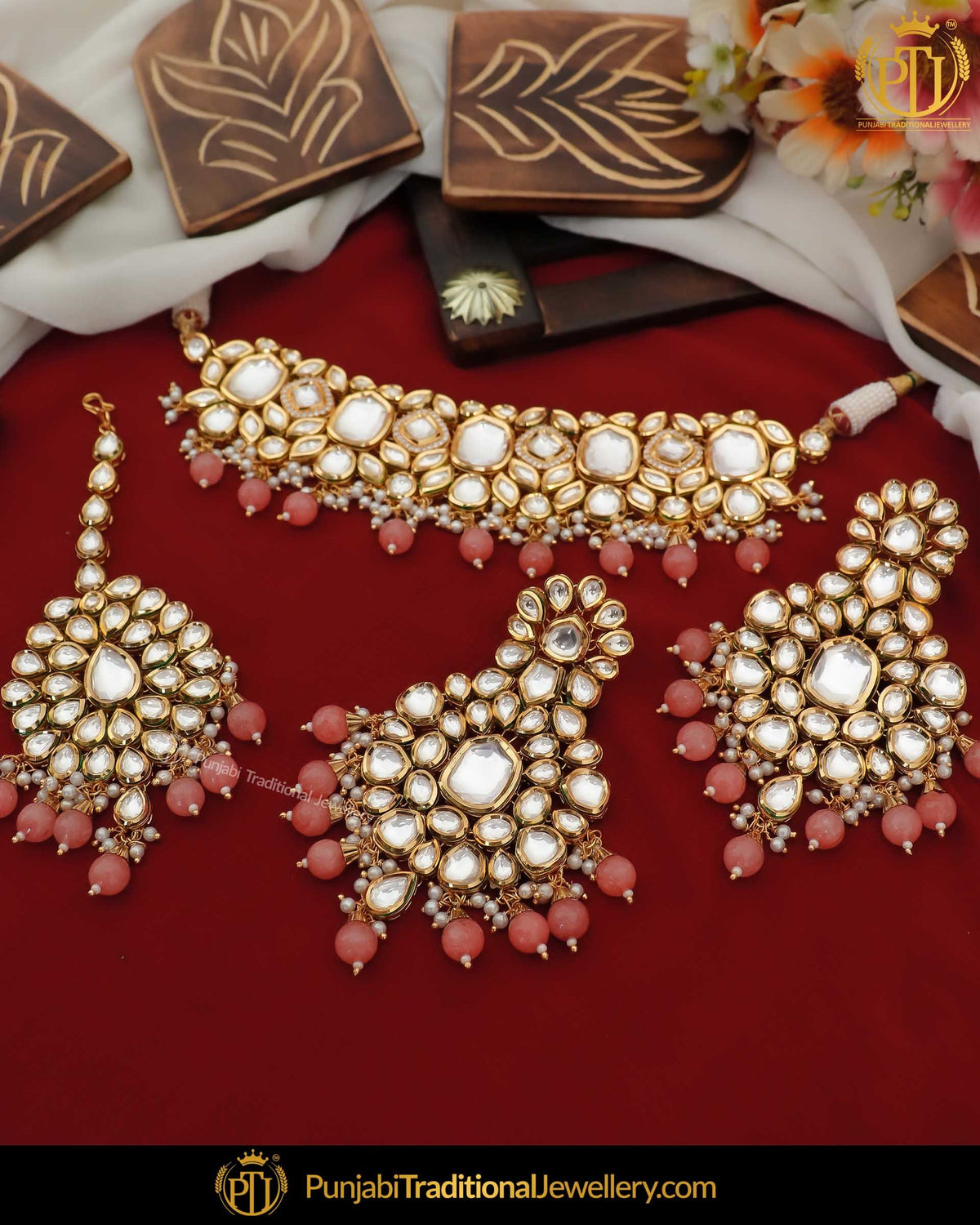 Gold Finished Peach Kundan Pearl Necklace Set | Punjabi Traditional Jewellery Exclusive