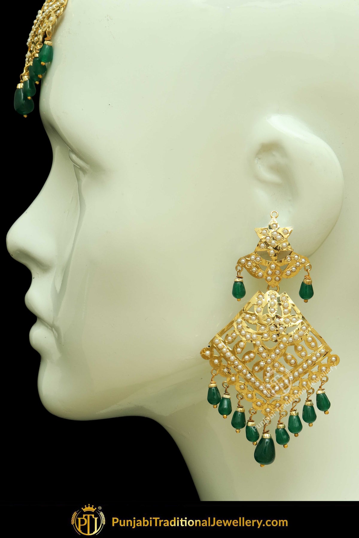 Gold Finished Emerald Jadau Pearl Earring Tikka Set | Punjabi Traditional Jewellery Exclusive