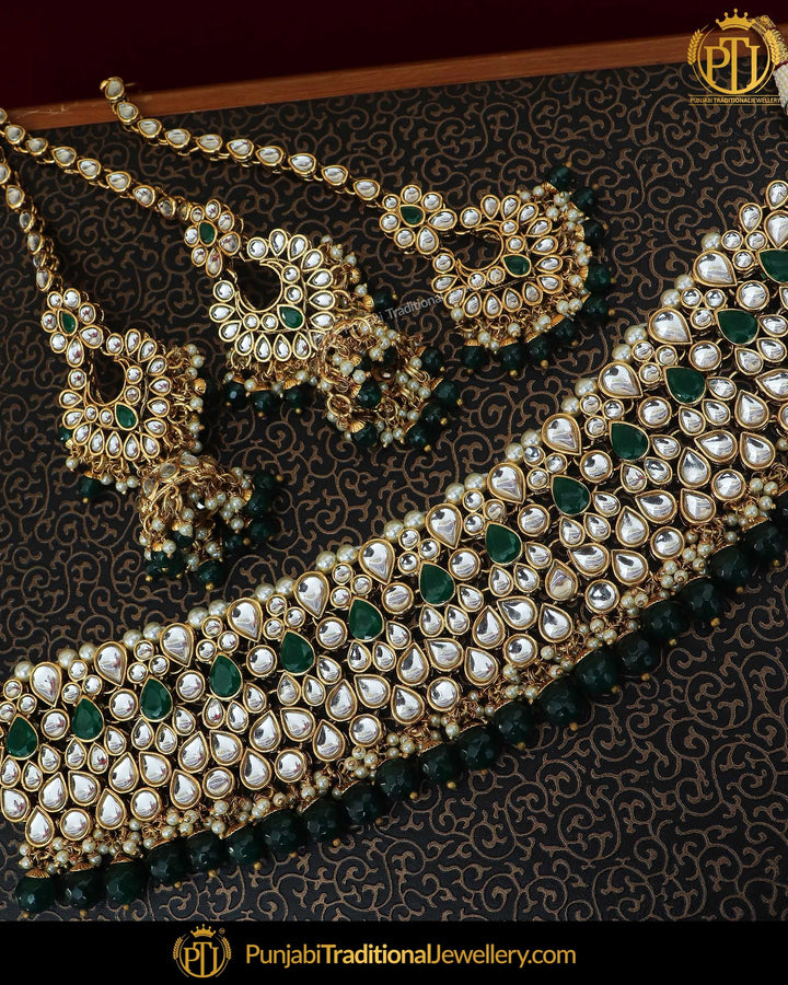 Gold Finished Emerald Kundan Pearl Choker Necklace & Sahare Earrings | Punjabi Traditional Jewellery Exclusive