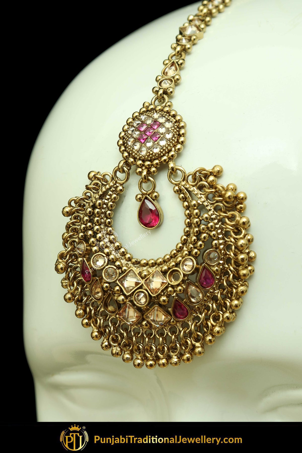 Antique Gold Finised Champagne Stone Pink Earring Tikka Set By Punjabi Traditional Jewellery