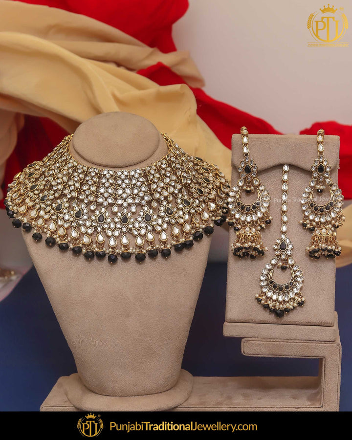 Gold Finished Kundan Black Pearl Choker Necklace Set | Punjabi Traditional Jewellery Exclusive