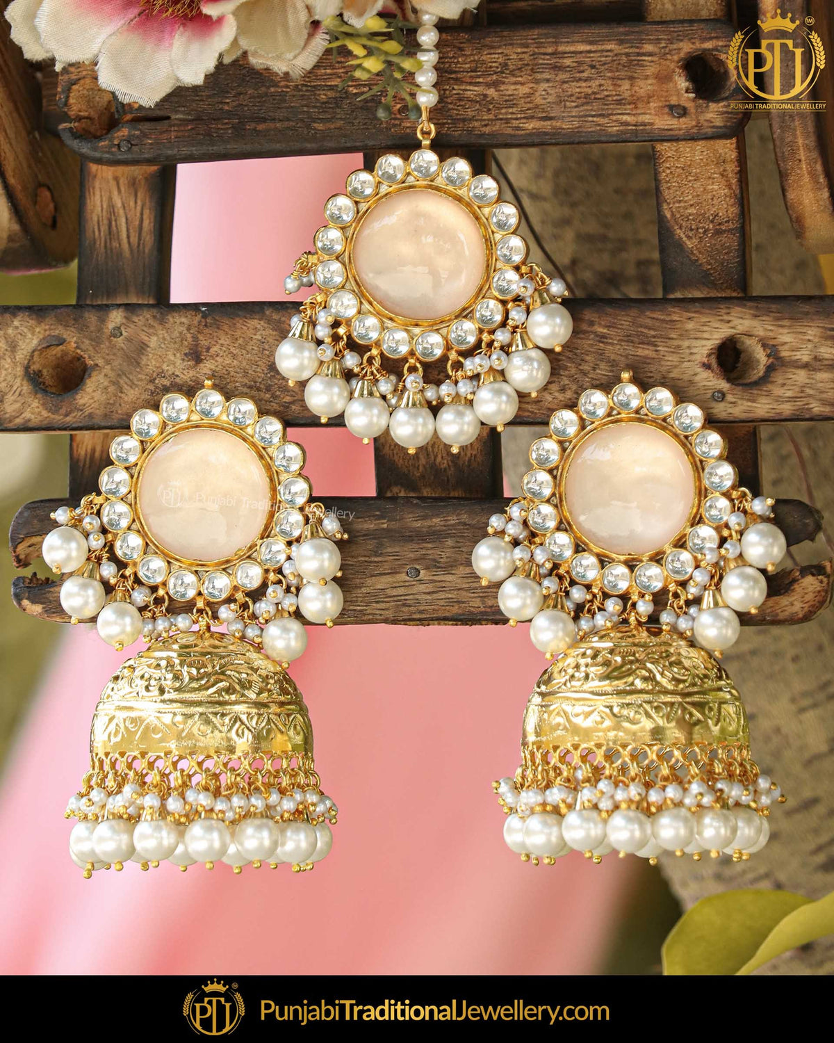 Gold Finished Kundan Pearl Jhumki Peach Earrings & Tikka  | Punjabi Traditional Jewellery Exclusive