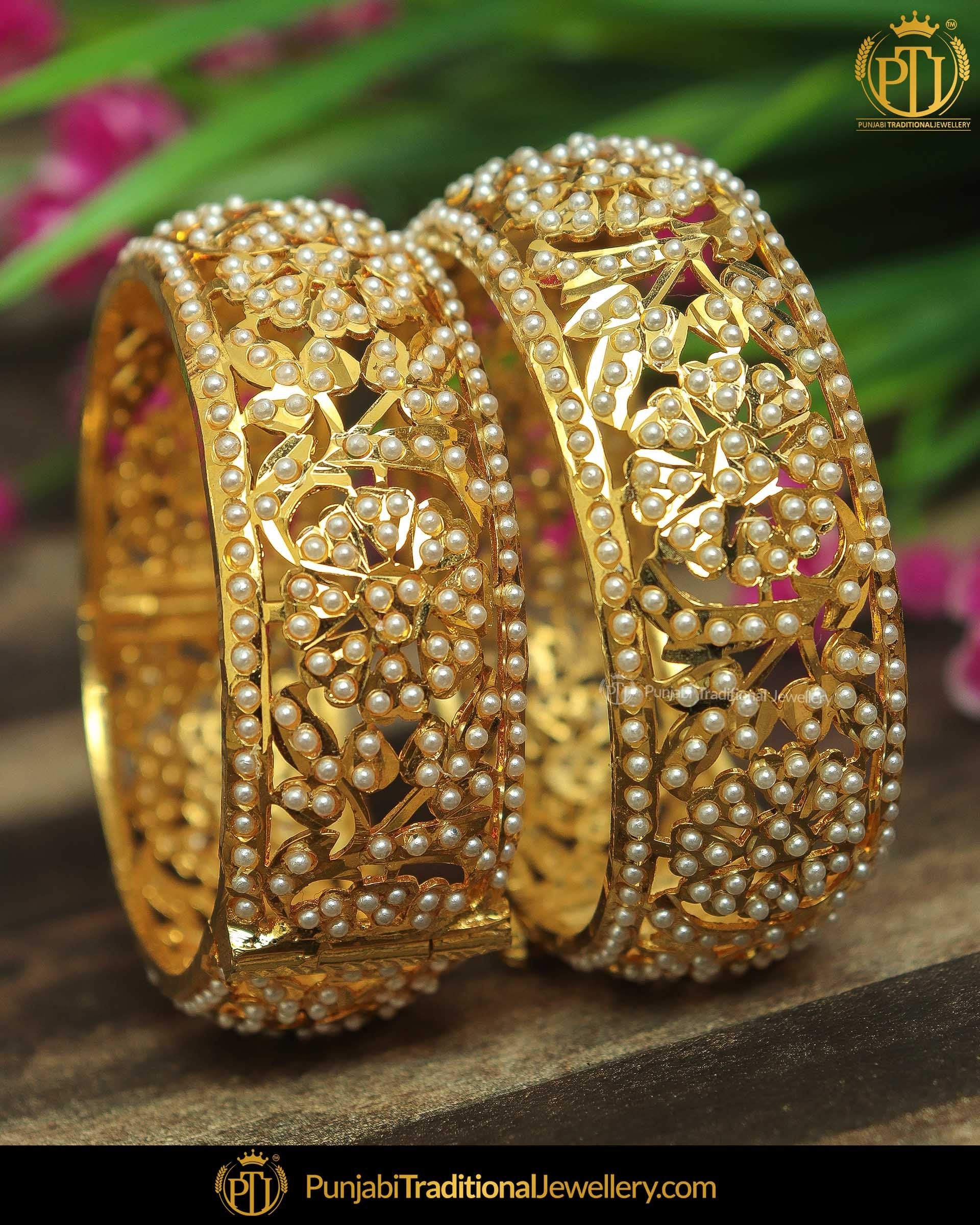 Gold Finished Pearl Jadau Karra Bangles (Pair)| Punjabi Traditional Jewellery Exclusive