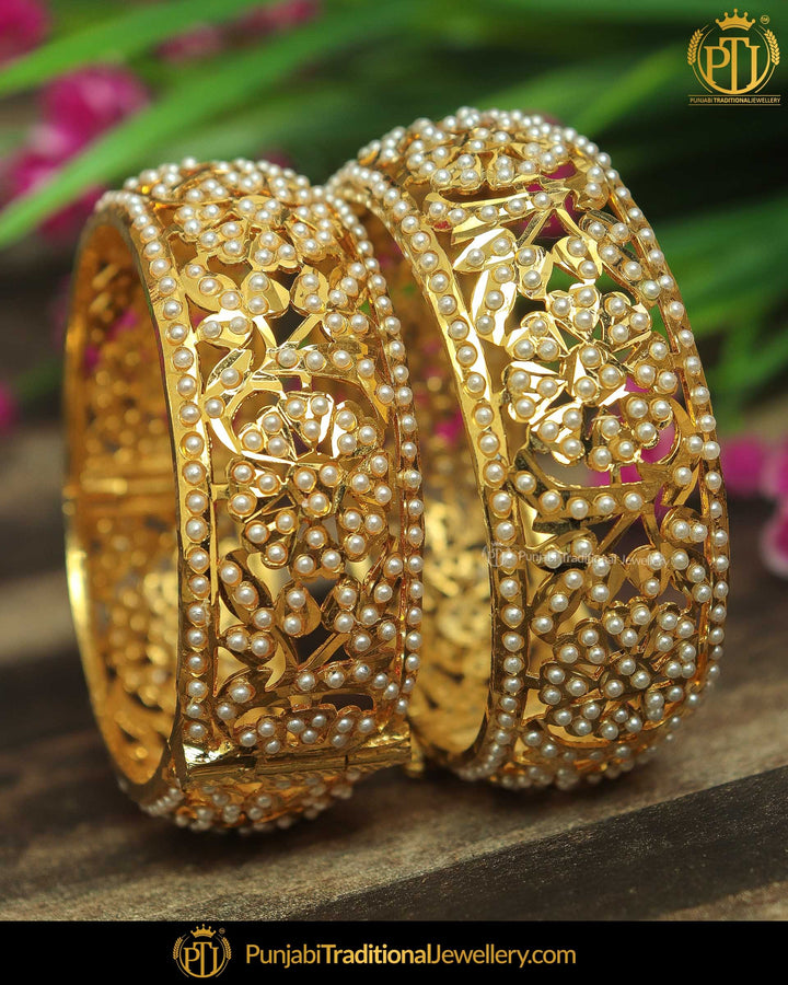 Gold Finished Pearl Jadau Karra Bangles (Pair)| Punjabi Traditional Jewellery Exclusive