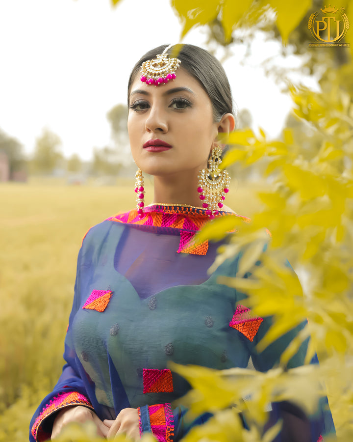 Gold Finished Hot Pink Kundan Earring Tikka Set | Rawayat by Punjabi Traditional Jewellery