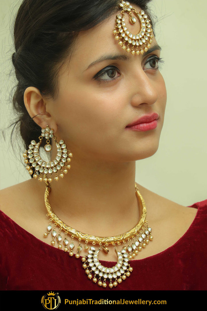Heba Gold Finished Pearl Kundan Necklace, Tikka & Earrings | Punjabi Traditional Jewellery Exclusive