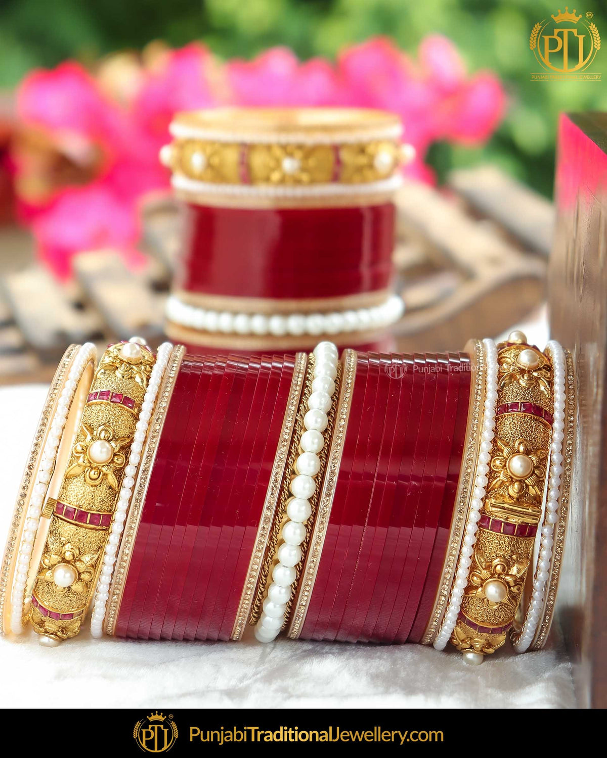 Antique Gold Finished Karra Bangle Maroon Bridal Chura | Punjabi Traditional Jewellery Exclusive
