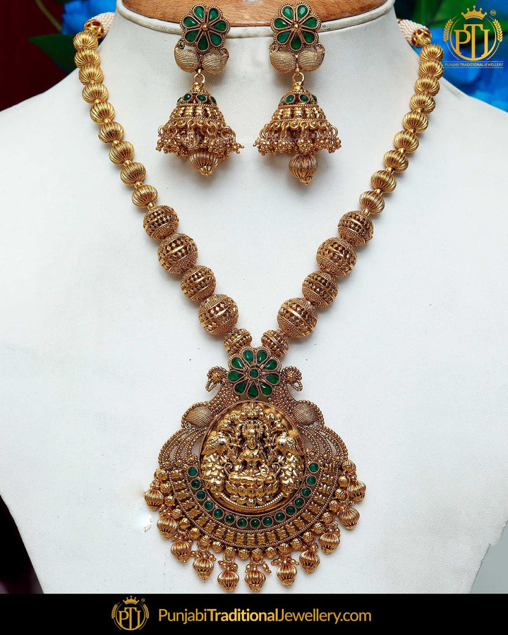 Antique Gold Finished Emerald  Johda Long Set  | Punjabi Traditional Jewellery Exclusive