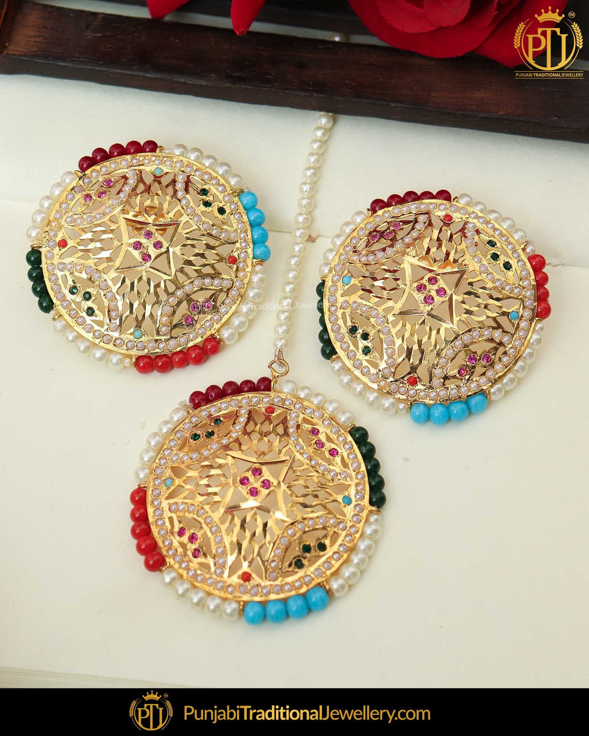 Gold Finished Navratan Jadau Stud Pearl Earring Tikka Set | Punjabi Traditional Jewellery Exclusive