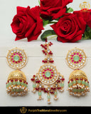 Gold Finished Rubby & New Jade Kundan Jhumki Earrrings & Tikka | Punjabi Traditional Jewellery Exclusive
