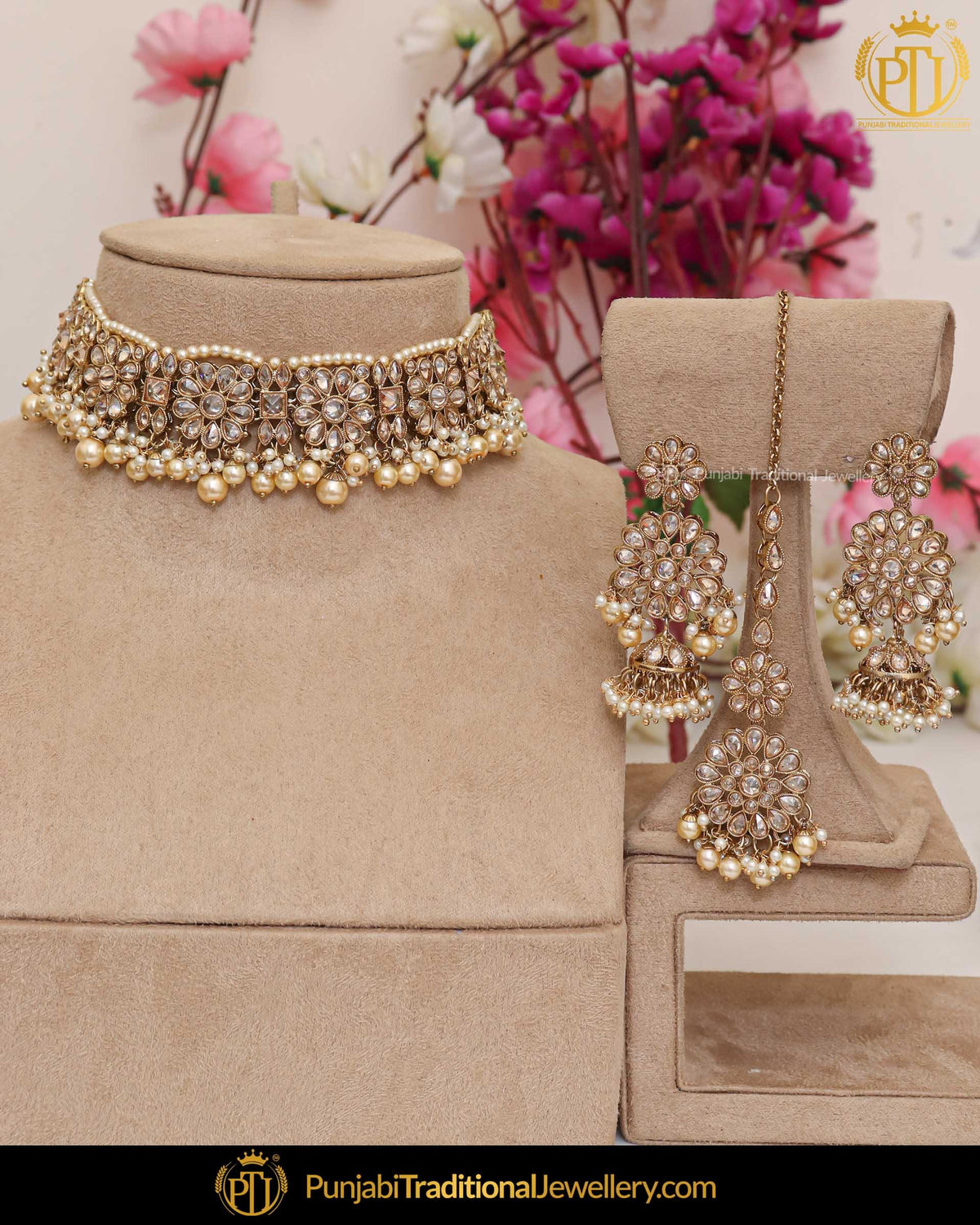 Gold Finished Champagne Stone Pearl Choker Necklace Set | Punjabi Traditional Jewellery Exclusive