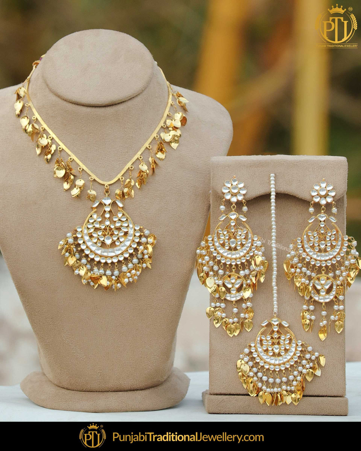 Gold Finished Pippal Patti Kundan Pearl Necklaec Set | Punjabi Traditional Jewellery Exclusive