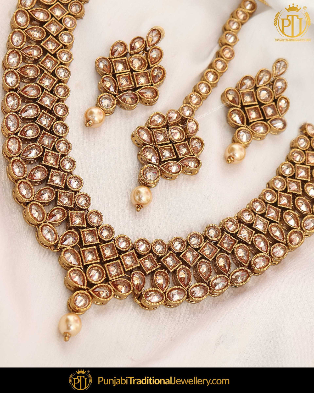 Gold Finished Chamapgne Stone Pearl Necklace Set | Punjabi Traditional Jewellery Exclusive