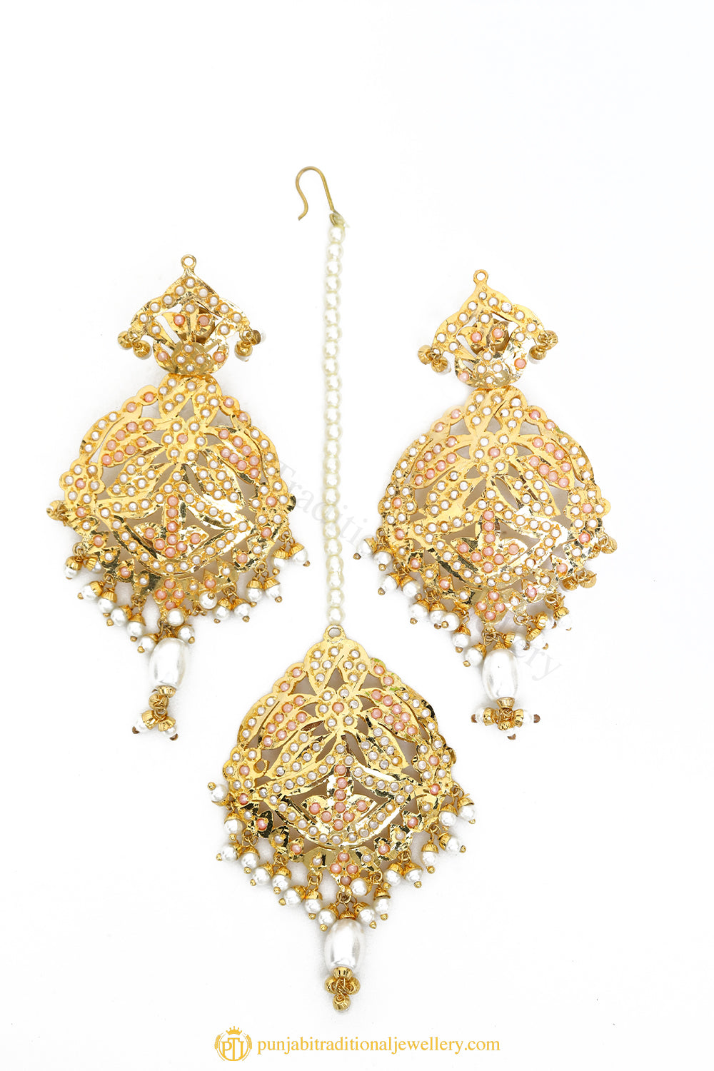 Gold Finished Earrings & Tikka Set by PTJ