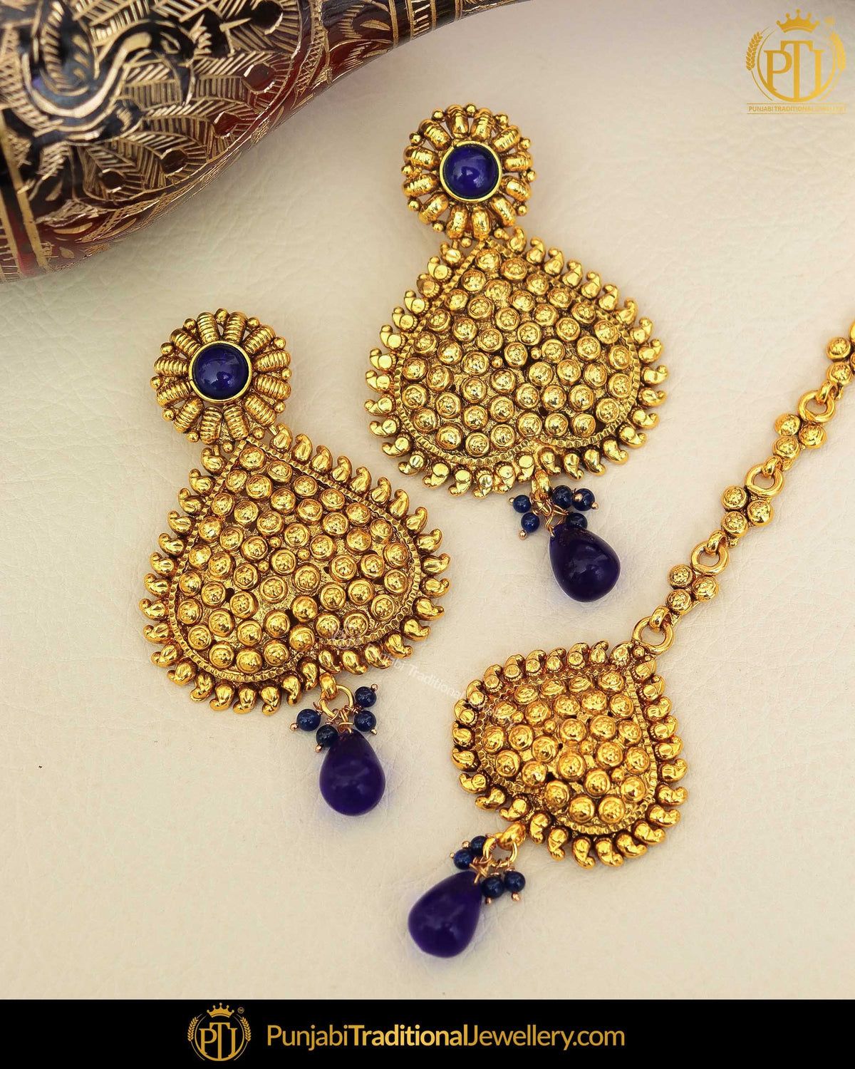 Antique Gold Finished Blue Pearl Earring Tikka Set | Punjabi Traditional Jewellery Exclusive