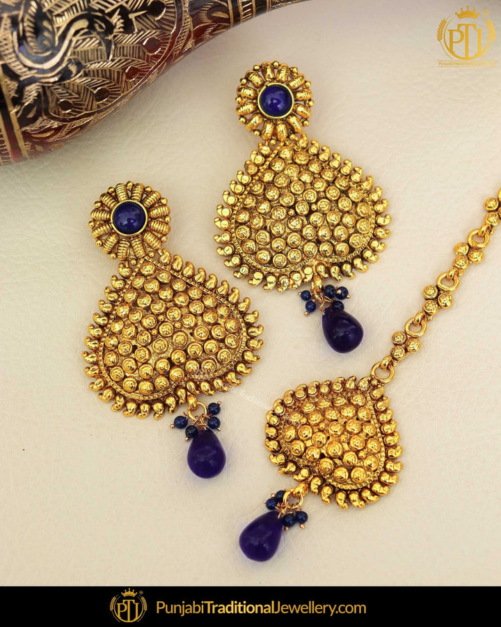 Antique Gold Finished Blue Pearl Earring Tikka Set | Punjabi Traditional Jewellery Exclusive