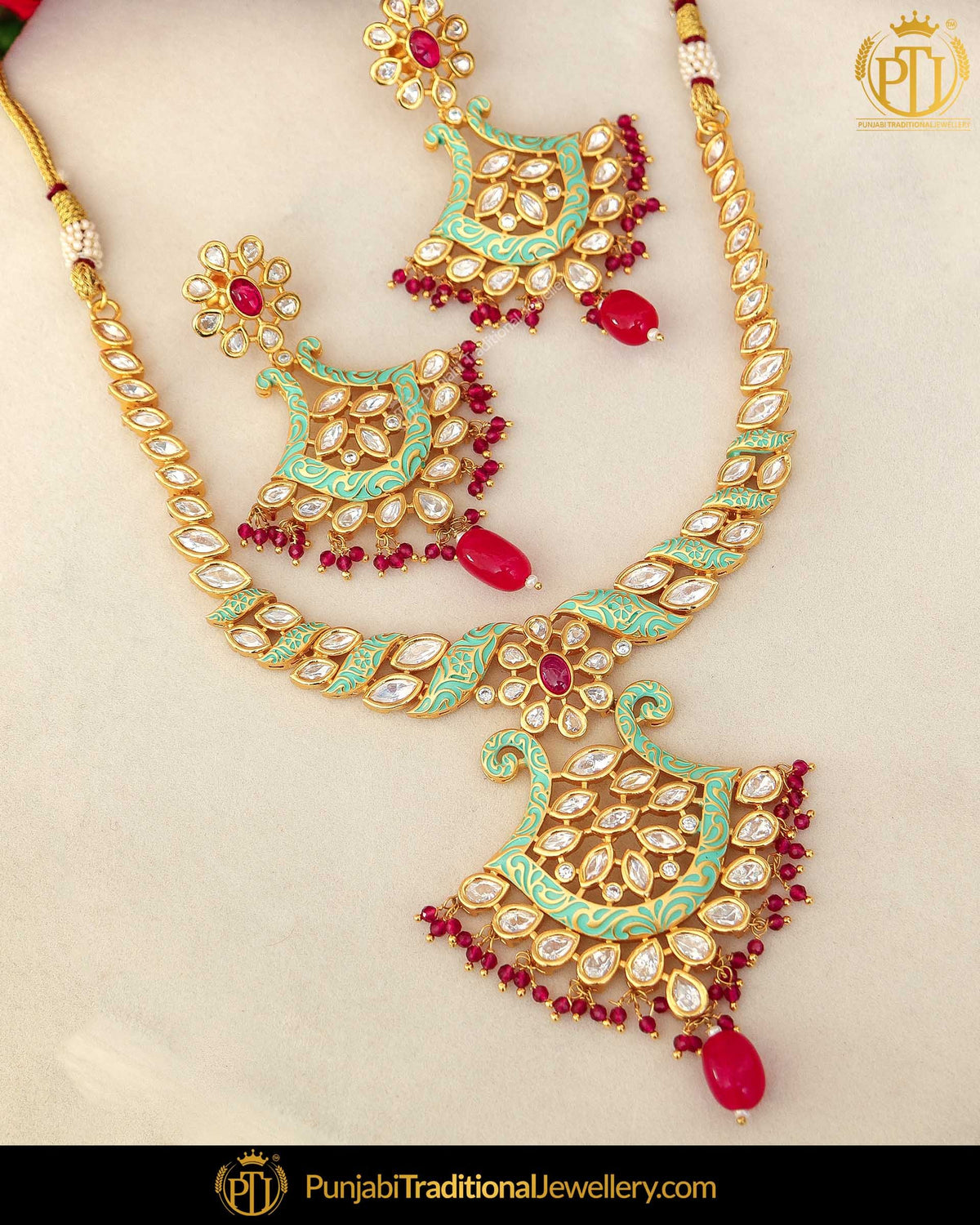 Hand Painted Emerald Meena Rubby Kundan Pearl Necklace Set | Punjabi Traditional Jewellery Exclusive