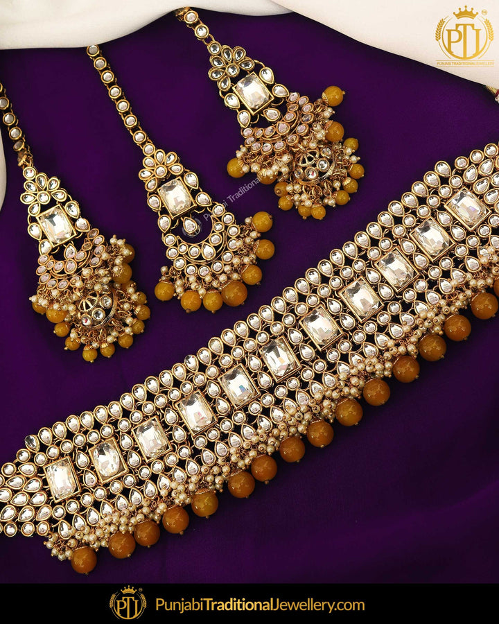 Gold Finished Yellow Kundan Pearl Choker Necklace Set | Punjabi Traditional Jewellery Exclusive