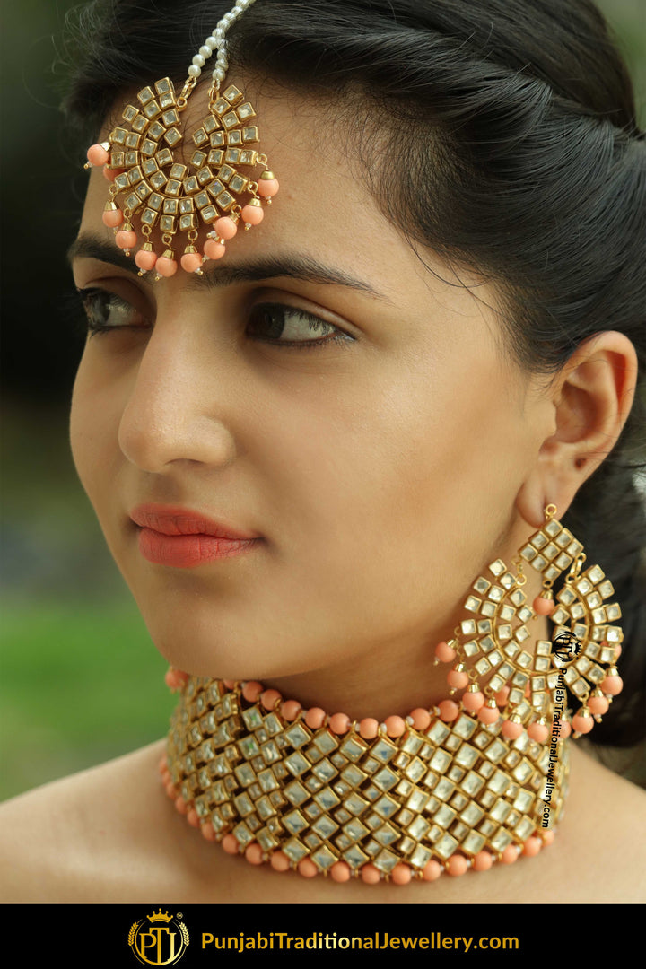 Zaza Gold Finished Peach Choker  Kundan Necklace Set | Punjabi Traditional Jewellery Exclusive